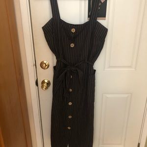 Beautiful Linen Brown Striped Dress with Buttons